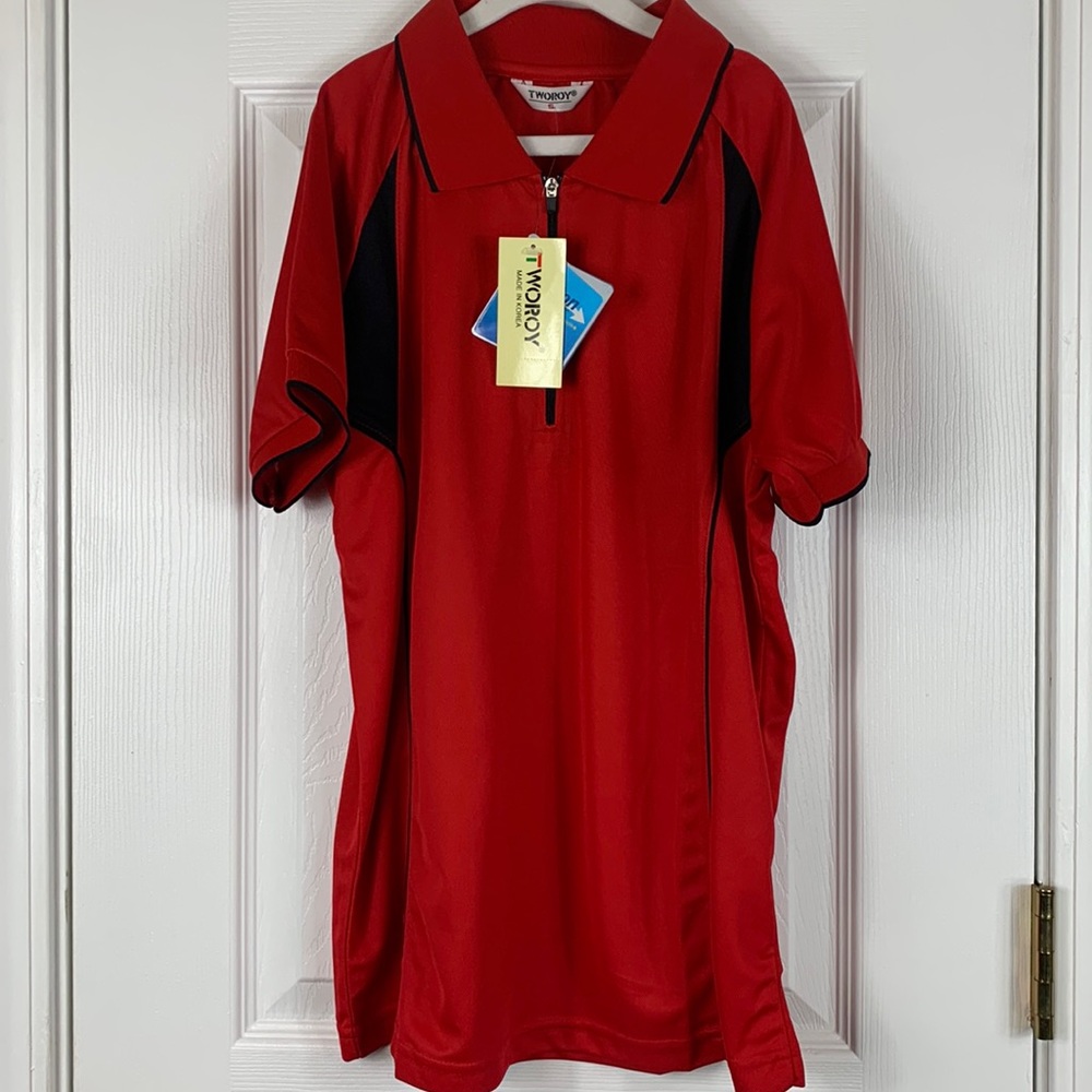 NWT Tworoy red/black polo shirt size small. 1/4 zipper, short sleeves.